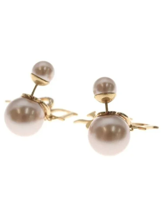 Dior Logo Rhinestone Faux Pearl Tribal Earrings Pink Gold - Picture 2 of 6